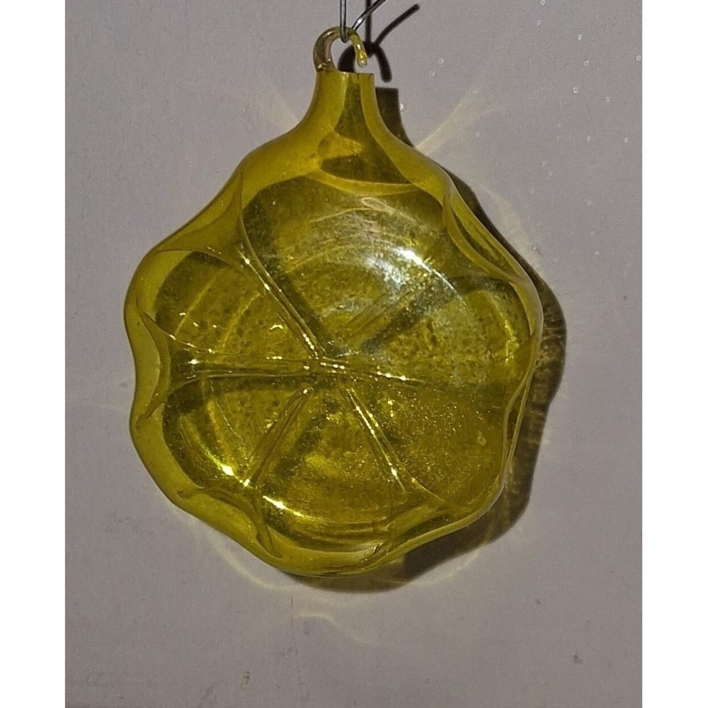 Vintage Yellow Blown Glass Starburst Christmas Ornament Flat Geometric 2.5"